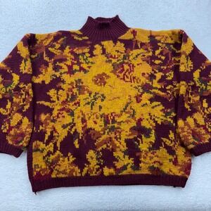 Gap Vintage 90s Hand Knit Wool Floral Mock Neck Sweater Burgundy Yellow Large